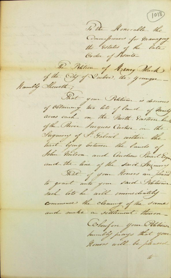 Requête de Henry Black de Québec, adressée à la commission responsable de l'administration des biens des Jésuites, afin de se faire concéder deux lots de terre sur la rive nord-est de la rivière Jacques-Cartier-1