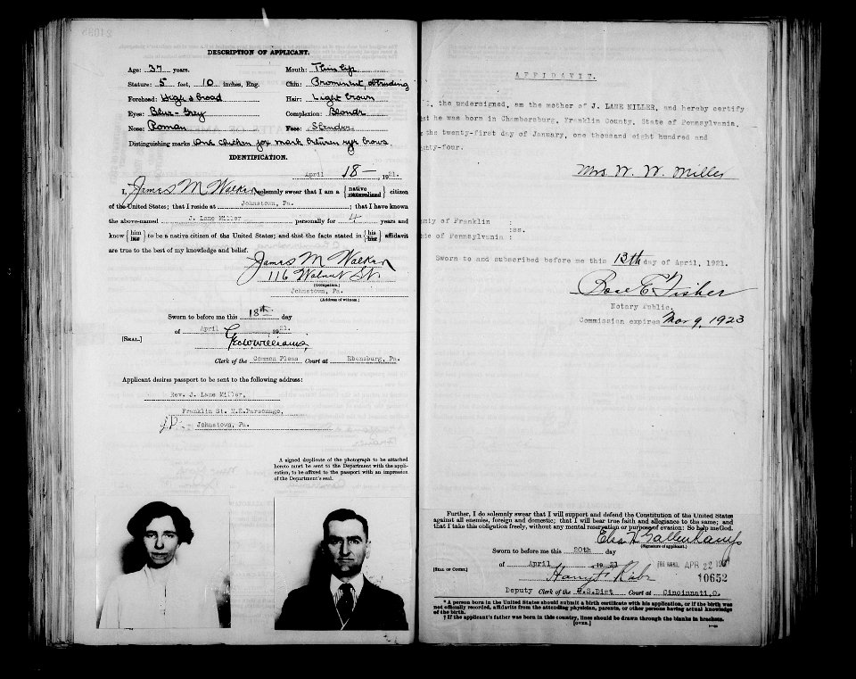Rev. Dr. John Lane Miller (born 1884) and Madeline Sweeney passport application from 1921