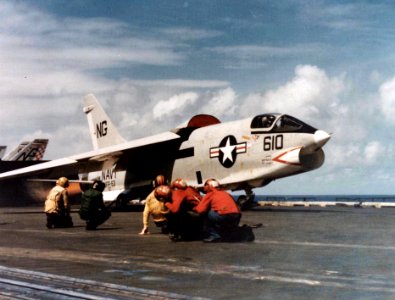 RF-8G Crusader of VFP-63 is launched from USS Constellation (CV-64) in 1977