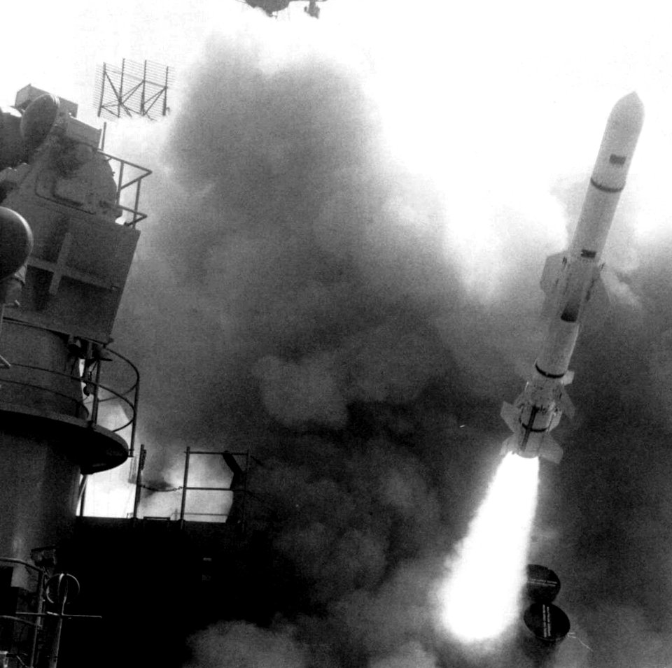 RGM-84 Harpoon missile launch from USS Leahy (CG-16), in 1983