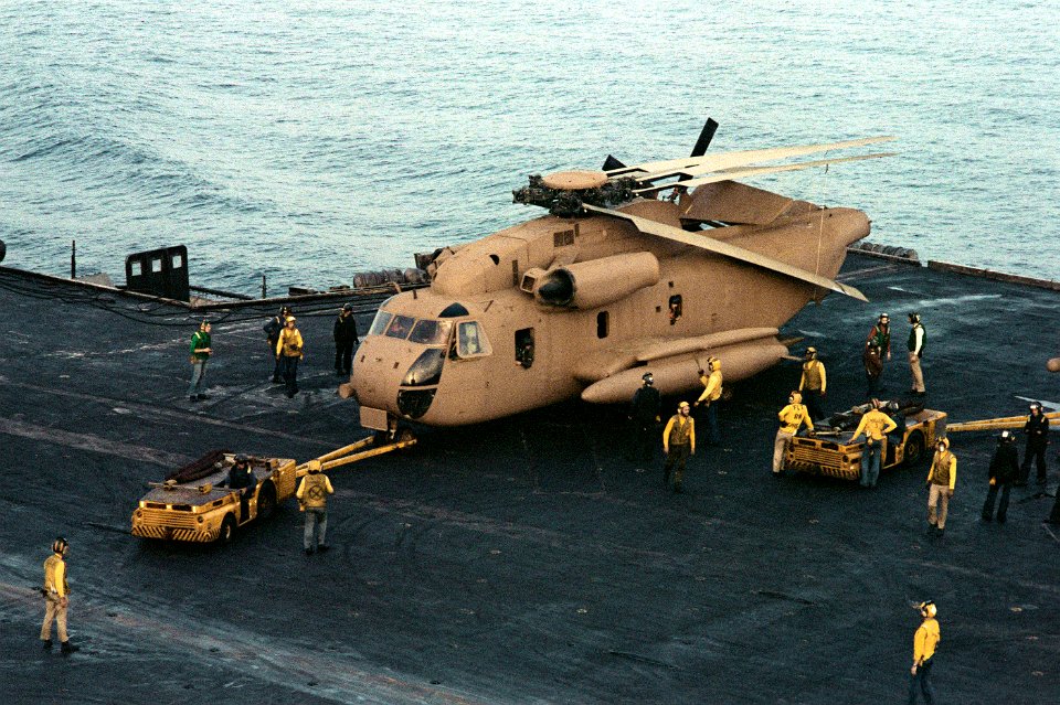 RH-53D on elevator of USS Nimitz (CVN-68) off Iran 1980