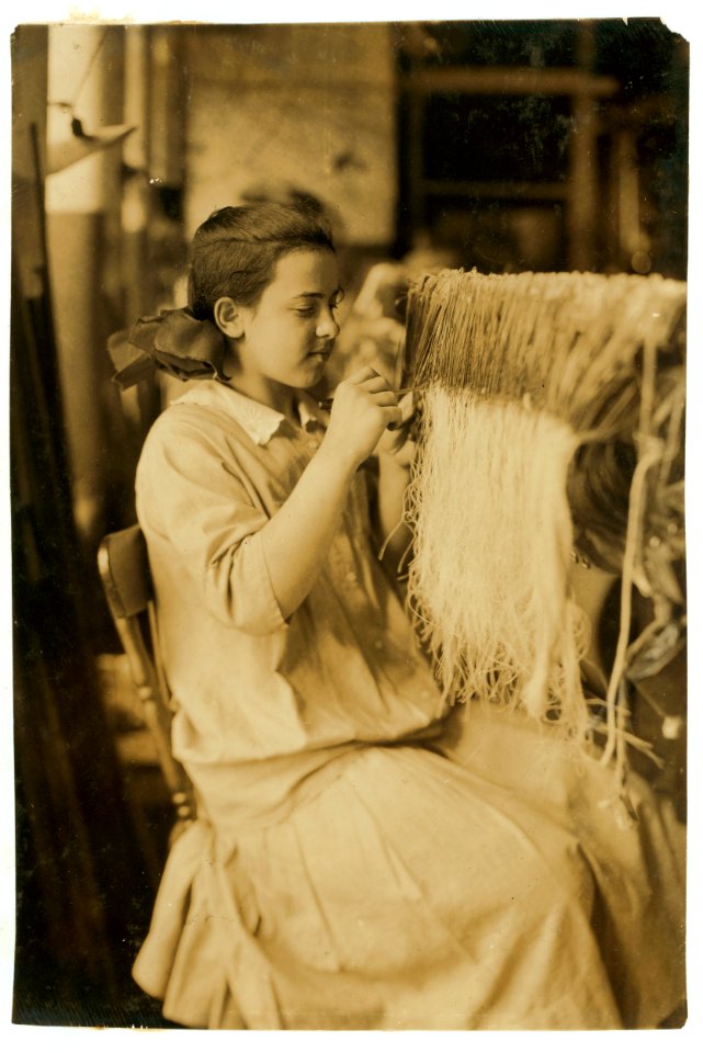 Rhea Quintin - 14 years old. Hand drawing in on Webb frame. Been at it about 3 months. Requires great deal of mental application and accuracy and good oversight. Takes over a year to learn. LOC nclc.03050