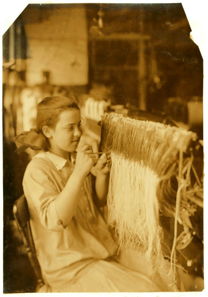 Rhea Quintin - 14 years old. Hand drawing in on Webb frame. Been at it about 3 months. Requires great deal of mental application and accuracy and good oversight. Takes over a year to learn. LOC nclc.05602