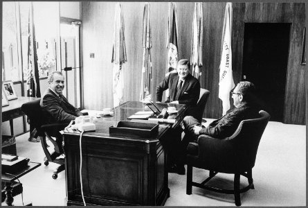 Richard M. Nixon and Henry Kissinger meeting with Marion John Wayne - NARA - 194768