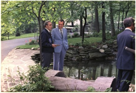 Richard M. Nixon and Leonid Brezhnev talking outside at Camp David - NARA - 194520