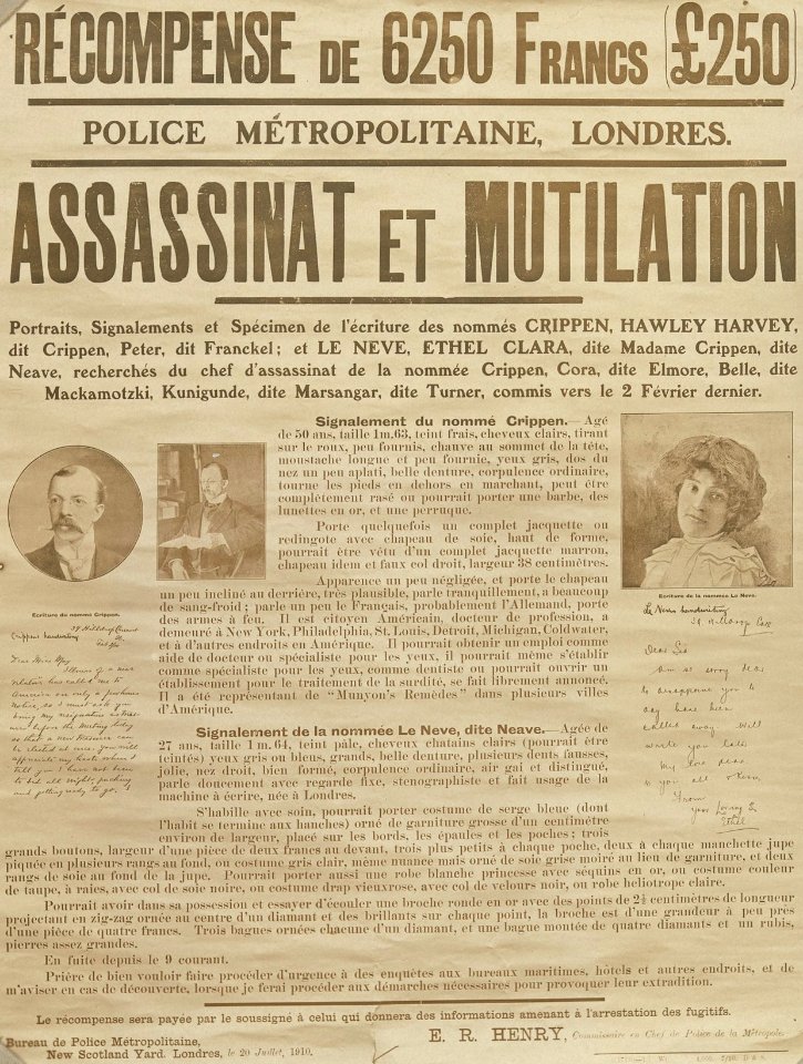 Reward by New Scotland Yard, London on 20 July 1910 for information leading to an arrest by Police Chief E. R. Henry about murder and mutilation, from- Album of Paris Crime Scenes - Attributed to Alphonse Bertillon. DP263825 (cropped)