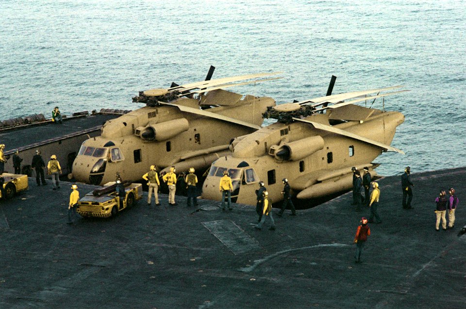 RH-53Ds on elevator of USS Nimitz (CVN-68) off Iran 1980