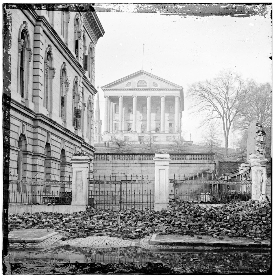 Richmond, Va. Custom House (left) and Capitol (center); rubble in street LOC cwpb.02889