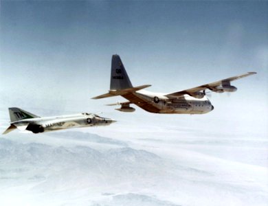 RF-4B VMCJ-3 approaches VMGR-352 KC-130F for refueling c1970