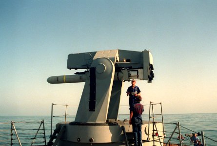 RGM-84 Harpoon on missile launcher of USS Goldsborough (DDG-20) on 1 October 1990 (6476486)