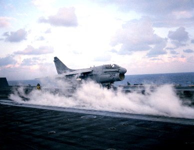 Right front view of A-7 Corsair II being catapulted from USS Dwight D. Eisenhower (CVN-69) Exercise Bright Star 1983 DN-SC-85-08629