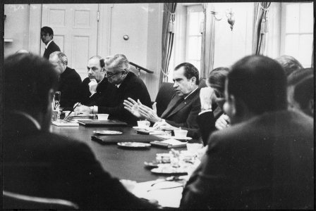 Richard M. Nixon in a cabinet meeting in the Cabinet Room - NARA - 194743