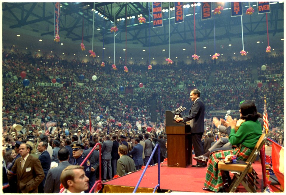 Richard M. Nixon speaking at a campaign event at Nassau County Coliseum in New York. - NARA - 194457