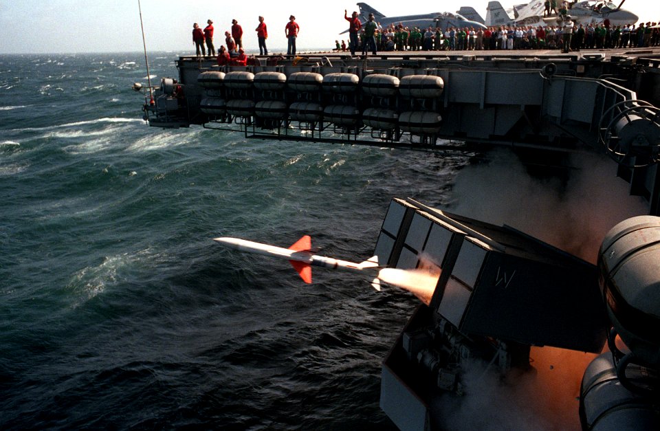 RIM-7 Sea Sparrow launch from USS Midway (CV-41), circa in 1982 (6483141)