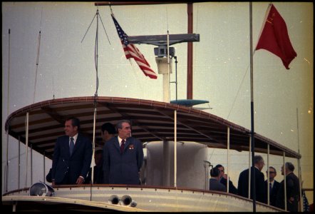 Richard M. Nixon and Leonid Brezhnev aboard the Presidential Yacht, Sequoia. - NARA - 194519