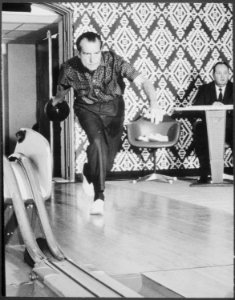 Richard M. Nixon bowling at the White House bowling alley - NARA - 194671