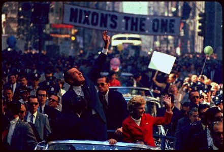 Richard M. Nixon in motorcade during the 1968 Presidential campaign. - NARA - 194287