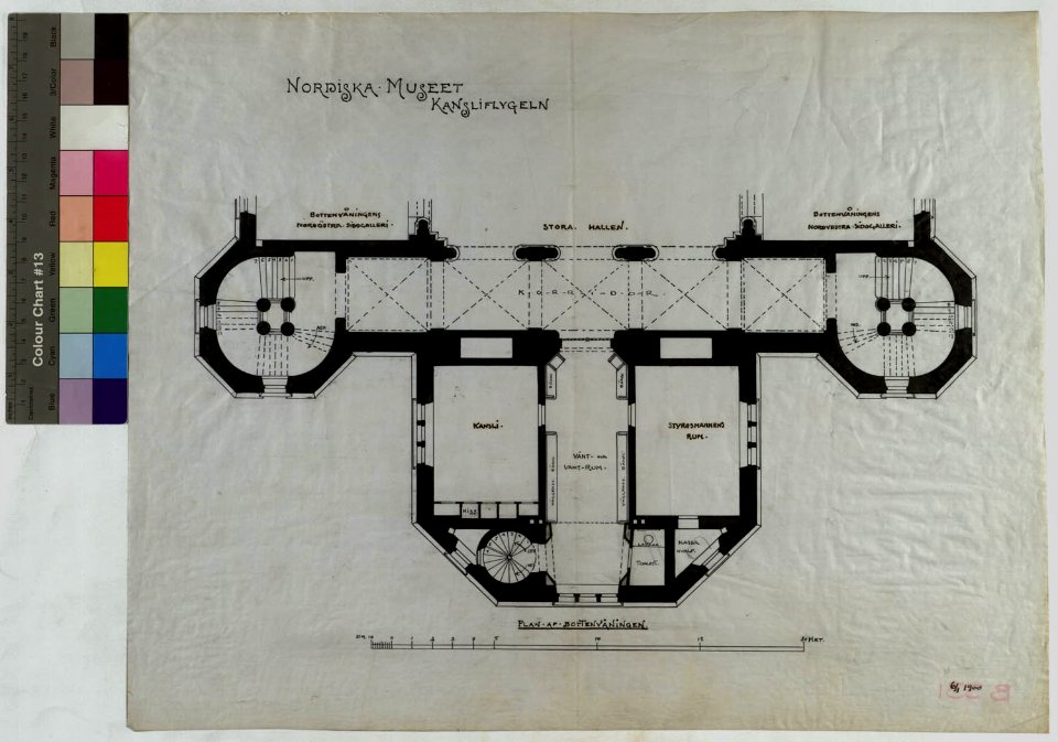 Ritning över Nordiska museet. Kansliflygeln, plan över bottenvåningen. 1900-01-06 - Nordiska Museet - NMAR.0000294