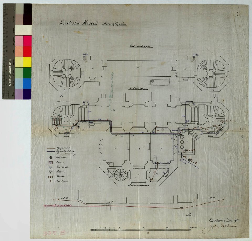 Ritning över Nordiska museet. Kansliflygeln. Entresolvåningen. Jordvåningen. Jan 1900 - Nordiska Museet - NMAR.0000305