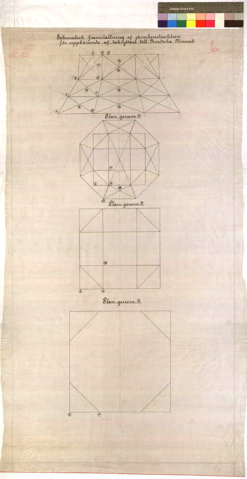Ritning över Nordiska museet. Schematisk framställning av järnkonstruktion för uppbärande av takryttare - Nordiska Museet - NMAR.0000316