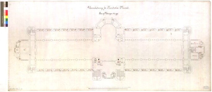 Ritning över Nordiska museet. Värmeledning för Nordiska museet. Plan över våningen 1 trappa upp. 1906-12-19 - Nordiska Museet - NMAR.0000282