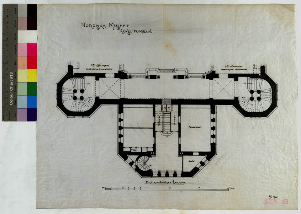 Ritning över Nordiska museet. Kansliflygeln, plan över våningen 2 trappor upp. 1900-01-06 - Nordiska Museet - NMAR.0000295
