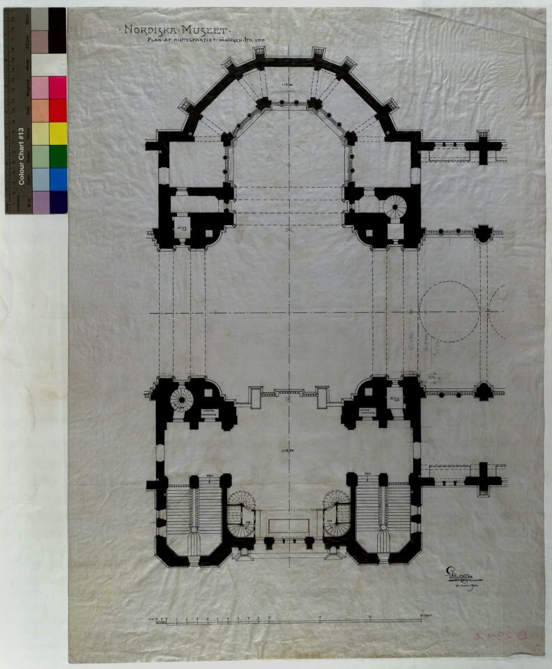 Ritning över Nordiska museet. Plan över mittpartiet, våningen 1 trappa upp. 1900-03-14 - Nordiska Museet - NMAR.0000291