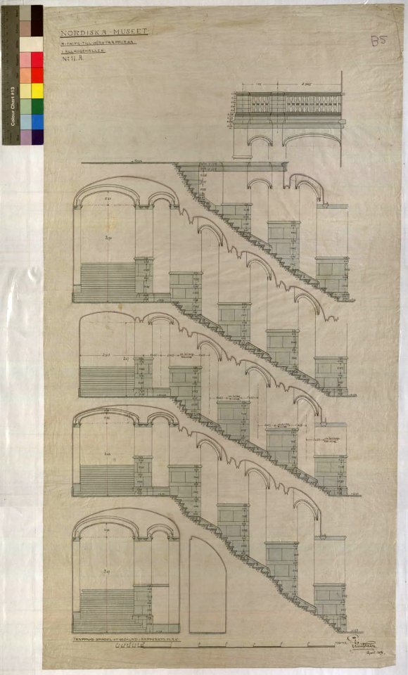 Ritning över Nordiska museet. Ritning till hörntrapporna i allmogehallen. April 1894 - Nordiska Museet - NMAR.0000314