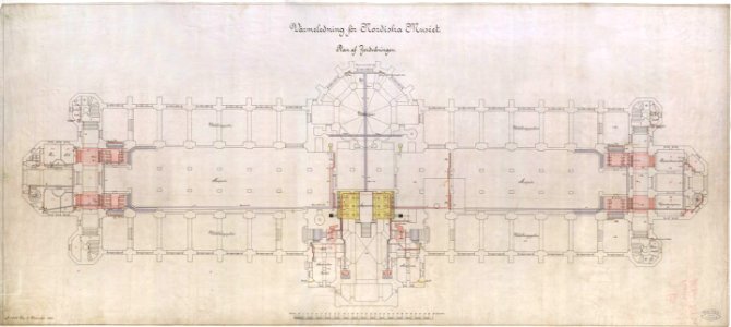 Ritning över Nordiska museet. Värmeledning för Nordiska museet. Plan över jordvåningen. 1906-12-19 - Nordiska Museet - NMAR.0000280