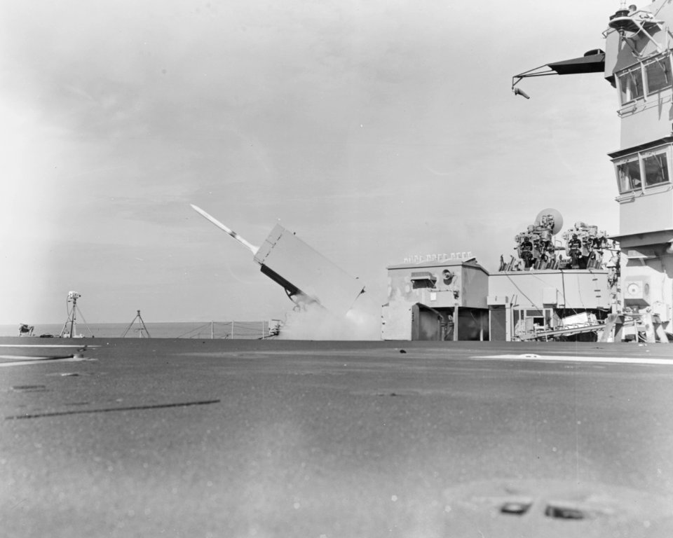 RIM-7 Sea Sparrow launch from USS Okinawa (LPH-3) on 9 January 1970