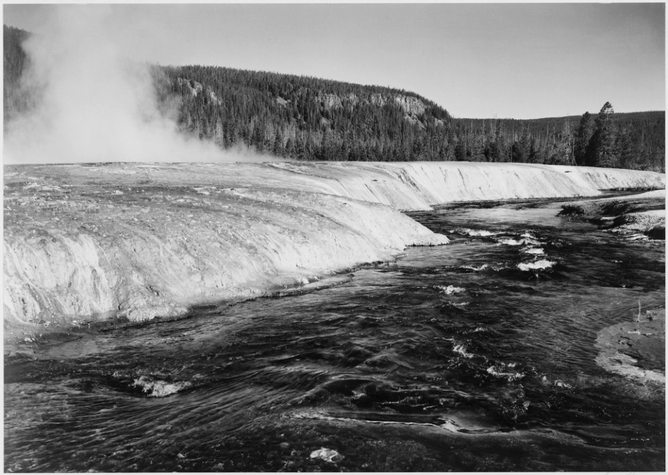 River in foreground, Trees behind, Firehole River, Yellowstone National Park, Wyoming - NARA - 520004