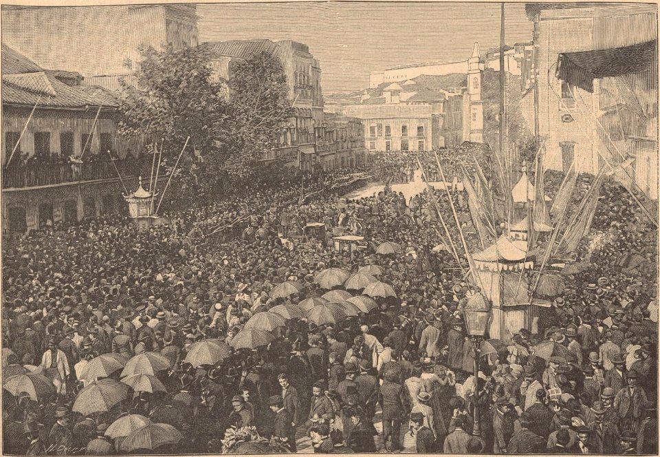 RIO-DE-JANEIRO. — Funérailles du Maréchal Peixoto. — Le corps passant devant l'armée a la sortie de l'église (6 juillet). — (Photographie Marc Ferrez)