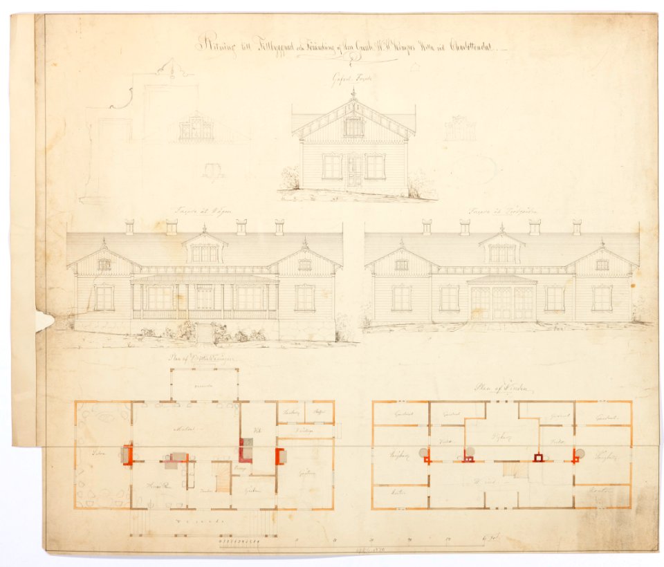 Ritning till tillbyggnad och förändring av herr grossh. W.H.Kempes villa vid Charlottendal - Hallwylska museet - 102480