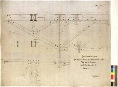 Ritning över Nordiska museet. Järnkonstruktion för uppbärande av takryttare. Maj 1903 - Nordiska Museet - NMAR.0000287