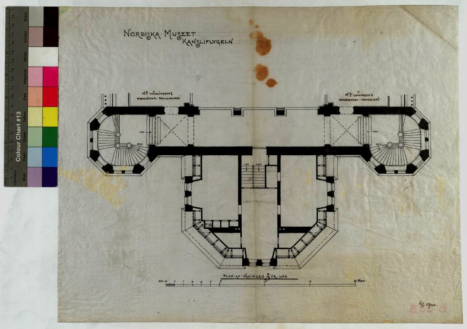 Ritning över Nordiska museet. Kansliflygeln, plan över våningen 3 trappor upp. 1900-01-06 - Nordiska Museet - NMAR.0000296