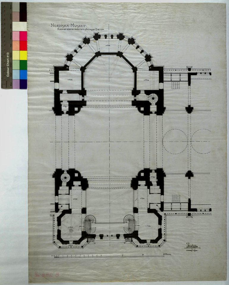 Ritning över Nordiska museet. Plan över mittpartiet, våningen 2 trappor upp. 1900-03-14 - Nordiska Museet - NMAR.0000292