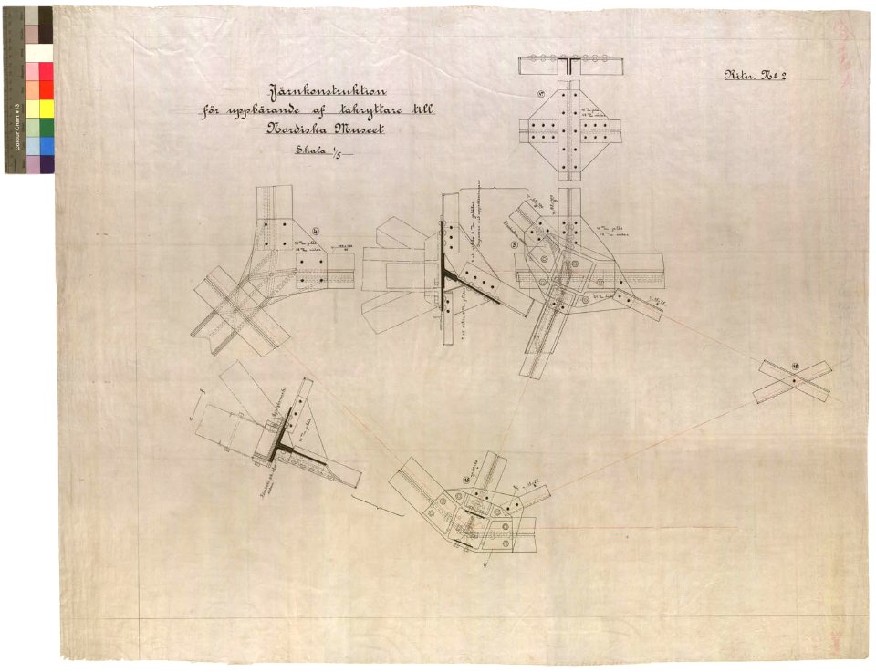 Ritning över Nordiska museet. Ritning till järnkonstruktion för uppbärande av takryttare - Nordiska Museet - NMAR.0000315