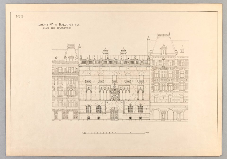 Ritning av Hallwylska huset, fasad mot Hamngatan - Hallwylska museet - 90609