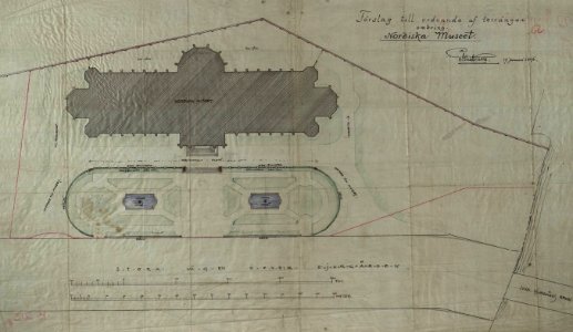 Ritning över Nordiska museet. Förslag till ordnande av terrängen omkring Nordiska museet. 1896-01-17 - Nordiska Museet - NMAR.0000267