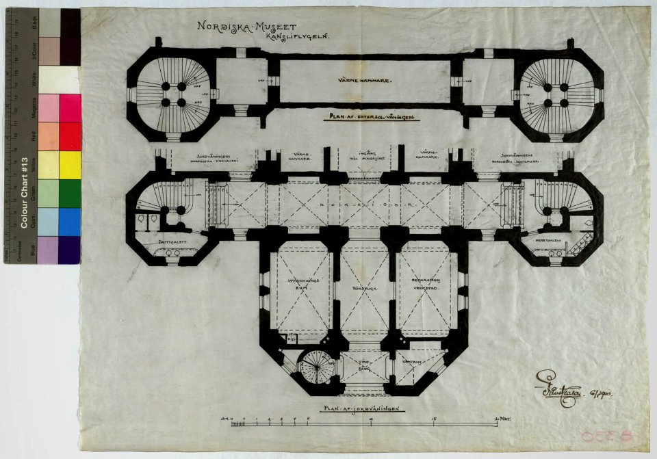 Ritning över Nordiska museet. Kansliflygeln, plan över jordvåningen och entresolvåningen. 1900-01-06 - Nordiska Museet - NMAR.0000293