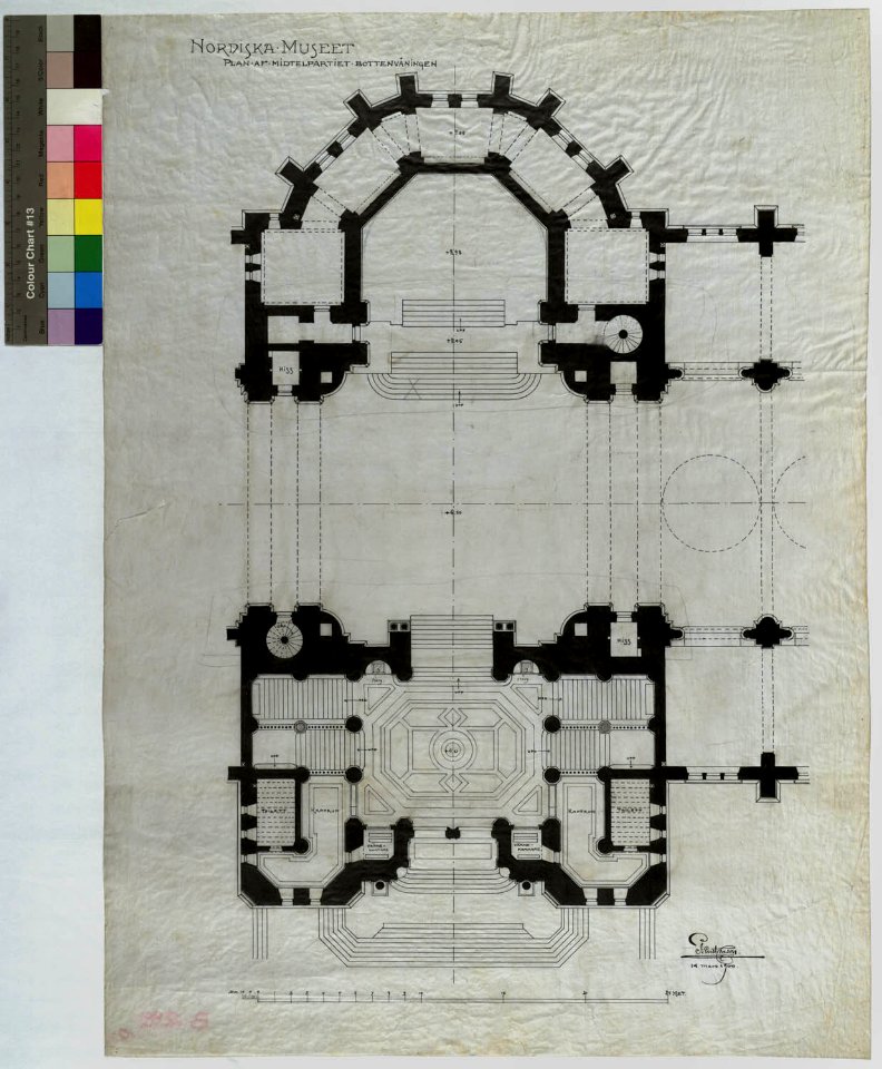 Ritning över Nordiska museet. Plan över mittpartiet, bottenvåningen. 1900-03-14 - Nordiska Museet - NMAR.0000289