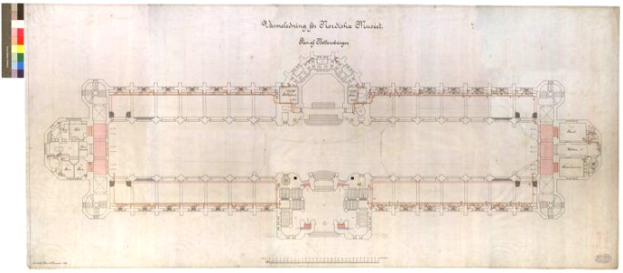 Ritning över Nordiska museet. Värmeledning för Nordiska museet. Plan över bottenvåningen. 1906-12-19 - Nordiska Museet - NMAR.0000281