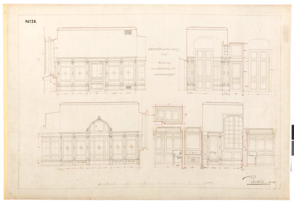 Ritning, inredning av kapprummet, Hallwylska palatset - Hallwylska museet - 102149