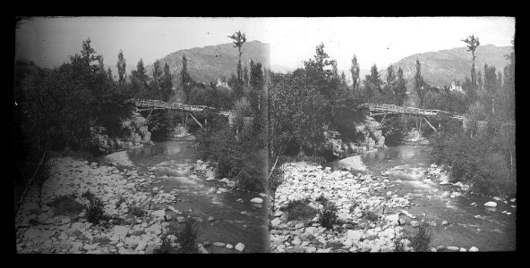 Riu amb un pont de fusta enmig d'un bosc