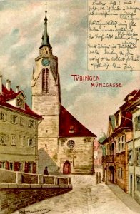 RJ Hartmann - Münzgasse mit Stiftskirche (AK 23099 E Mauthe vor 1905)