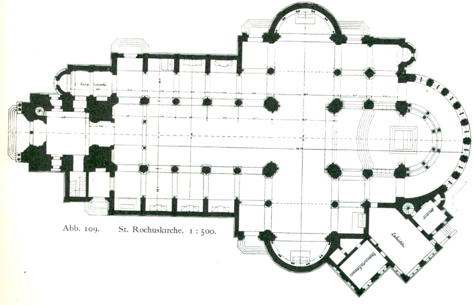 Rochuskirche in Düsseldorf, erbaut von 1894 bis 1897, Architekt Josef Kleesattel, Grundriss