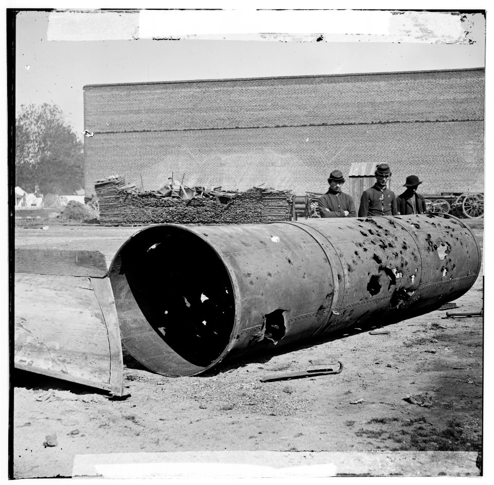 Rocketts, Richmond, VA. Battered smokestack from C.S.S. ironclad ram Virginia No. 2 LOC cwpb.02490