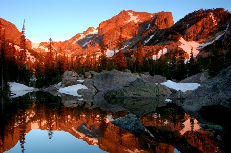 Hallet's Peak reflected in Lake Haiyaha at dawn in Rocky Mountain National Park photo