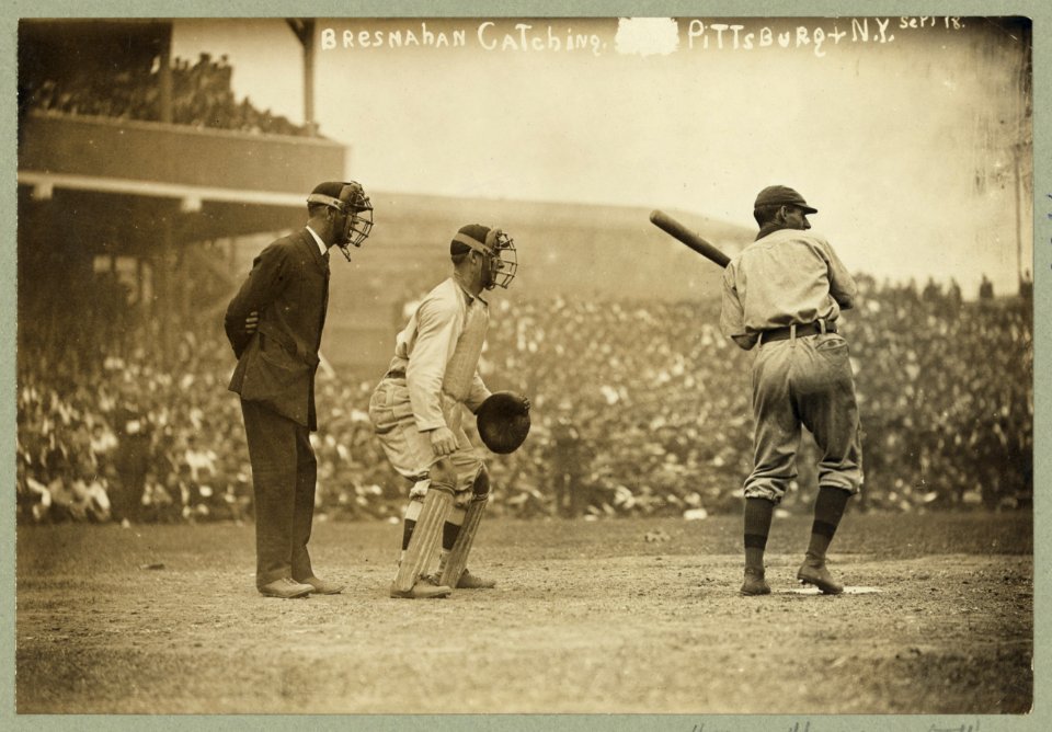 Roger Bresnahan, catching for the New York Giants while a Pittsburgh Pirate player is at bat LCCN89714219