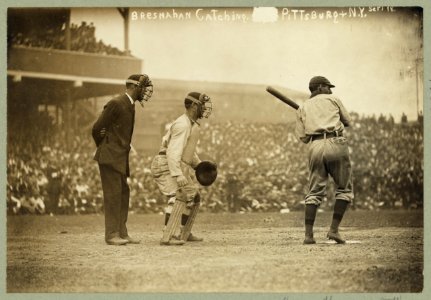 Roger Bresnahan, catching for the New York Giants while a Pittsburgh Pirate player is at bat LCCN89714219